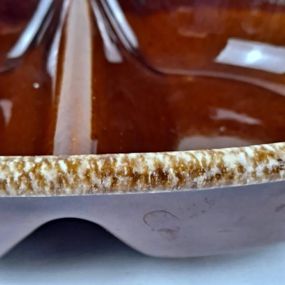 Hull Pottery Brown Drip Glazed Divided Dish made In USA Oven Proof Vintage